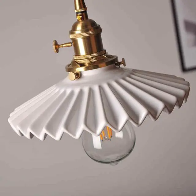 Alt view image 7 of 7 - Ceramic Pendant Light Fixture White Hanging Light Vintage Modern Pendant Lights Scalloped Ceramics Shade Gold Brass Hanging Lights Adjustable Cord Kitchen Island Ceiling Hanging Lamp