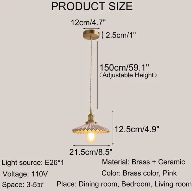 Alt view image 2 of 7 - Ceramic Pendant Light Modern Ceiling Pendant Lights with Pink Scalloped Ceramics Shade Vintage Glass Hanging Lamp Brass for Kitchen Living Dining Room Princess Room Bedroom