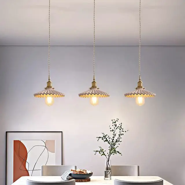 Alt view image 4 of 7 - Ceramic Pendant Light Modern Ceiling Pendant Lights with Pink Scalloped Ceramics Shade Vintage Glass Hanging Lamp Brass for Kitchen Living Dining Room Princess Room Bedroom