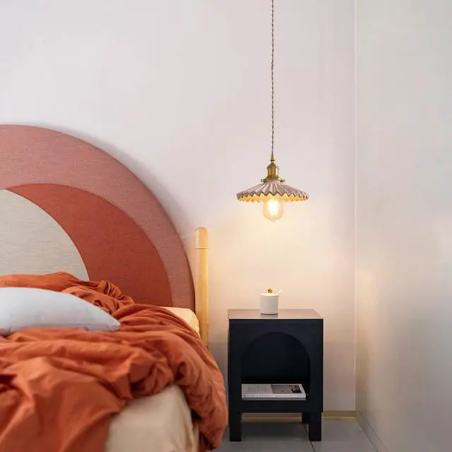 Alt view image 3 of 7 - Ceramic Pendant Light Modern Ceiling Pendant Lights with Pink Scalloped Ceramics Shade Vintage Glass Hanging Lamp Brass for Kitchen Living Dining Room Princess Room Bedroom