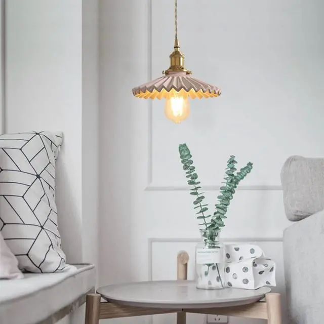 Alt view image 5 of 7 - Ceramic Pendant Light Modern Ceiling Pendant Lights with Pink Scalloped Ceramics Shade Vintage Glass Hanging Lamp Brass for Kitchen Living Dining Room Princess Room Bedroom