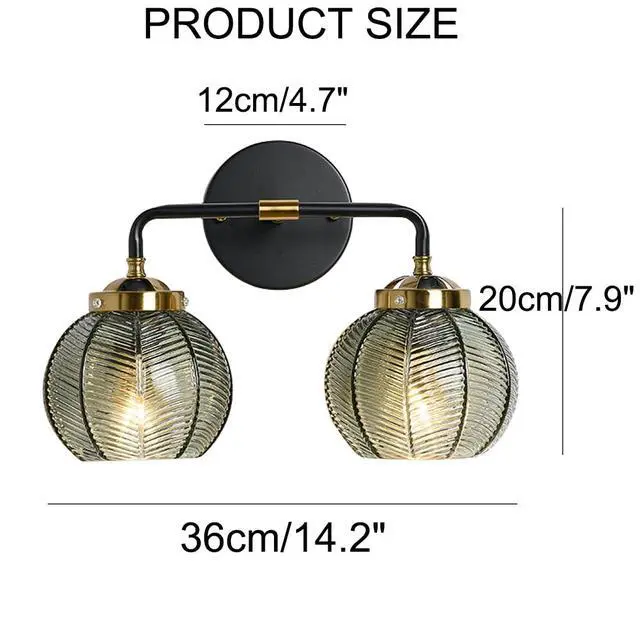 Alt view image 2 of 7 - 2-Light Glass Vanity Light Mid Century Modern Wall Sconces with Green Ribbed Glass Shade Vintage Bathroom Vanity Lights Industrial Wall Lamp for Mirror Bedroom Living Room Hallway