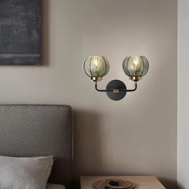 Alt view image 3 of 7 - 2-Light Glass Vanity Light Mid Century Modern Wall Sconces with Green Ribbed Glass Shade Vintage Bathroom Vanity Lights Industrial Wall Lamp for Mirror Bedroom Living Room Hallway