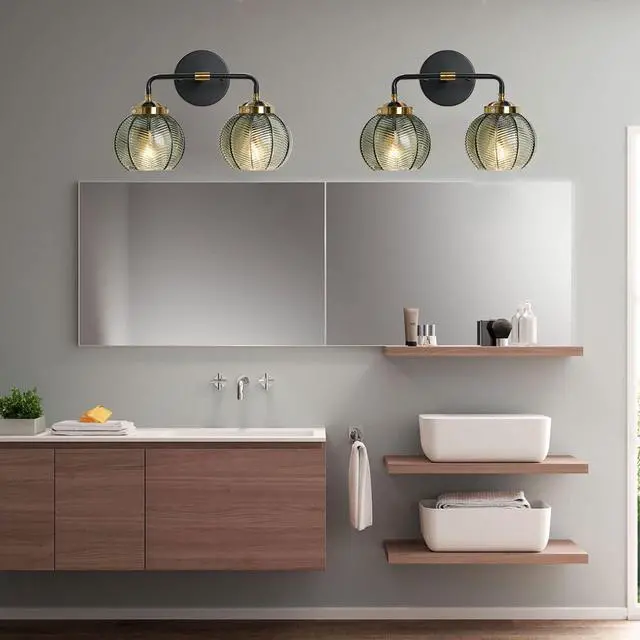 Alt view image 5 of 7 - 2-Light Glass Vanity Light Mid Century Modern Wall Sconces with Green Ribbed Glass Shade Vintage Bathroom Vanity Lights Industrial Wall Lamp for Mirror Bedroom Living Room Hallway