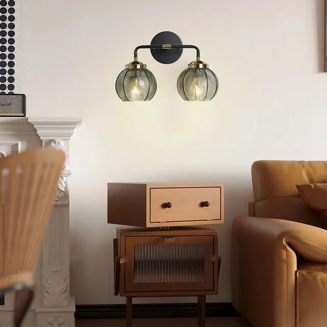 Alt view image 6 of 7 - 2-Light Glass Vanity Light Mid Century Modern Wall Sconces with Green Ribbed Glass Shade Vintage Bathroom Vanity Lights Industrial Wall Lamp for Mirror Bedroom Living Room Hallway