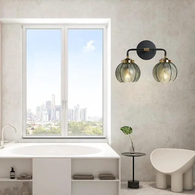 Alt view image 7 of 7 - 2-Light Glass Vanity Light Mid Century Modern Wall Sconces with Green Ribbed Glass Shade Vintage Bathroom Vanity Lights Industrial Wall Lamp for Mirror Bedroom Living Room Hallway