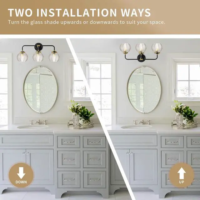 Alt view image 4 of 7 - 3-Head Glass Bathroom Vanity Light Fixture Black Vintage Wall Lights | 23.6 Inch Long Clear Ribbed Glass Globe Shade Mid Century Modern Wall Sconce E26 Base for Mirror Over Bedroom Hallway Bedside