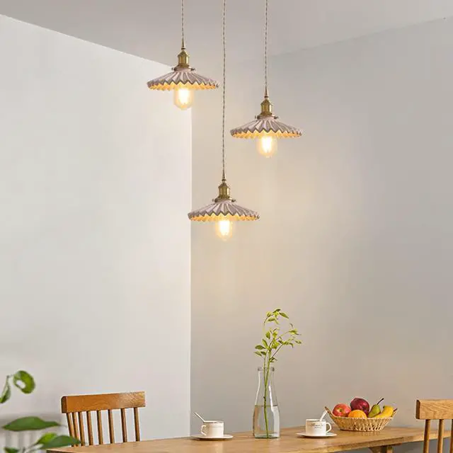 Alt view image 6 of 7 - Ceramic Pendant Light Modern Ceiling Pendant Lights with Pink Scalloped Ceramics Shade Vintage Glass Hanging Lamp Brass for Kitchen Living Dining Room Princess Room Bedroom
