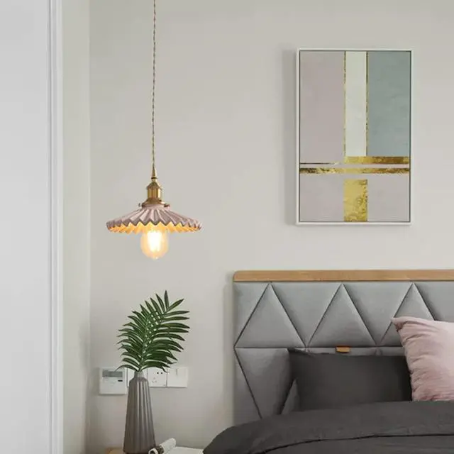 Alt view image 7 of 7 - Ceramic Pendant Light Modern Ceiling Pendant Lights with Pink Scalloped Ceramics Shade Vintage Glass Hanging Lamp Brass for Kitchen Living Dining Room Princess Room Bedroom