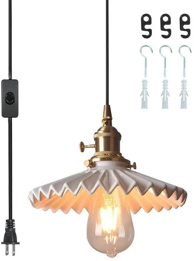 Main image of Vintage Plug in Pendant Lights Ceramic Swag Pendant Light with Scalloped Ceramics Shade Nordic Modern Hanging Lighting Plug in Hanging Lamp Cord for Living Dining Room Kitchen Island