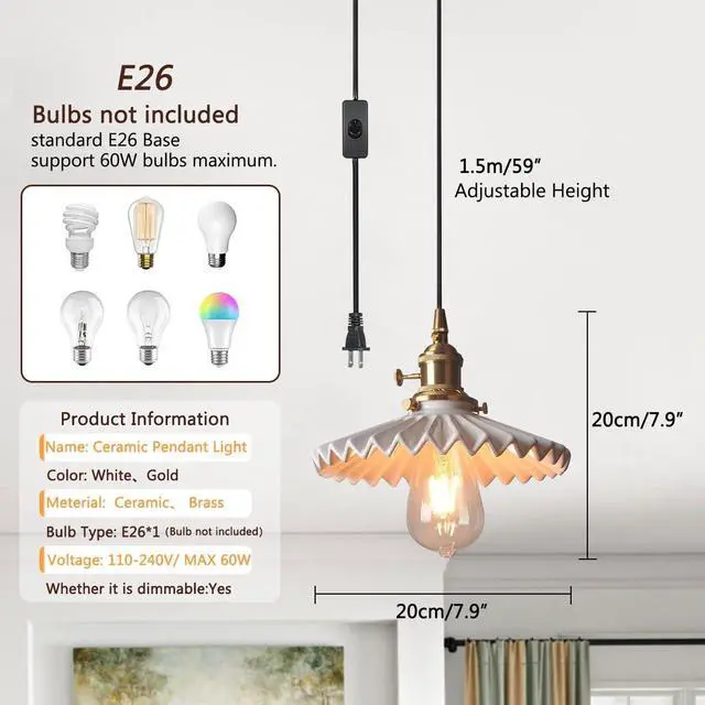 Alt view image 2 of 7 - Vintage Plug in Pendant Lights Ceramic Swag Pendant Light with Scalloped Ceramics Shade Nordic Modern Hanging Lighting Plug in Hanging Lamp Cord for Living Dining Room Kitchen Island