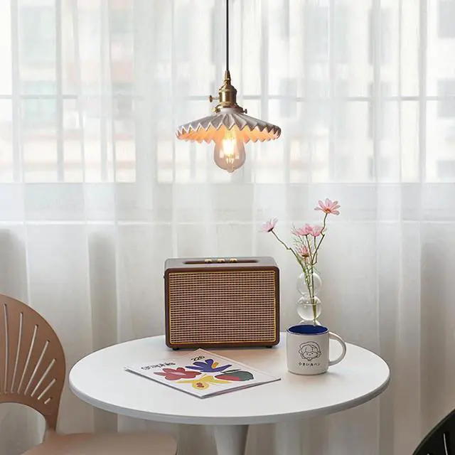 Alt view image 4 of 7 - Vintage Plug in Pendant Lights Ceramic Swag Pendant Light with Scalloped Ceramics Shade Nordic Modern Hanging Lighting Plug in Hanging Lamp Cord for Living Dining Room Kitchen Island