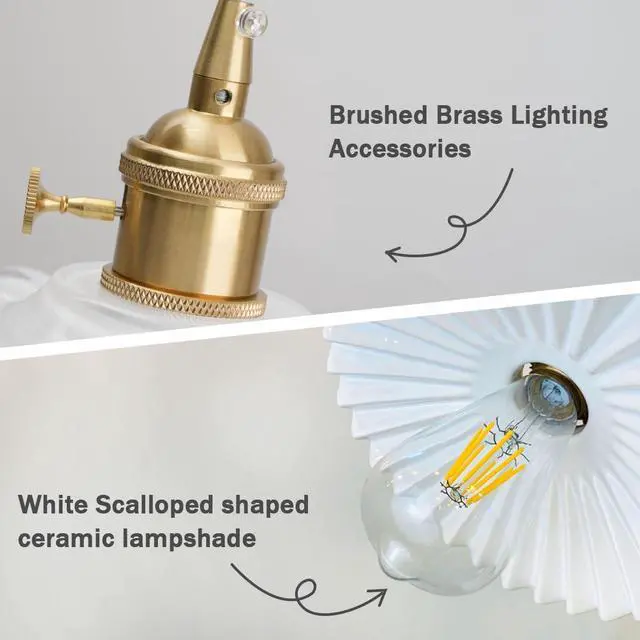 Alt view image 5 of 7 - Vintage Plug in Pendant Lights Ceramic Swag Pendant Light with Scalloped Ceramics Shade Nordic Modern Hanging Lighting Plug in Hanging Lamp Cord for Living Dining Room Kitchen Island