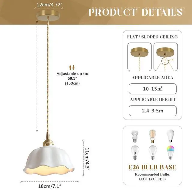 Alt view image 2 of 7 - Ceramic Pendant Light Fixture Vintage White Wave Ceramic Shade Nordic Modern Pendant Light fixtures Brass Finish Ceiling Hanging Lamp for Kitchen Sink Dining Room Farmhouse Bedroom