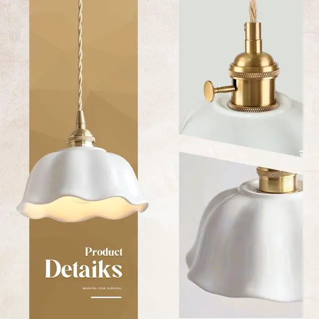 Alt view image 3 of 7 - Ceramic Pendant Light Fixture Vintage White Wave Ceramic Shade Nordic Modern Pendant Light fixtures Brass Finish Ceiling Hanging Lamp for Kitchen Sink Dining Room Farmhouse Bedroom
