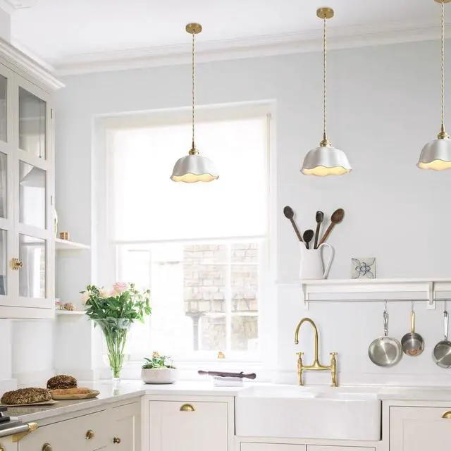 Alt view image 6 of 7 - Ceramic Pendant Light Fixture Vintage White Wave Ceramic Shade Nordic Modern Pendant Light fixtures Brass Finish Ceiling Hanging Lamp for Kitchen Sink Dining Room Farmhouse Bedroom