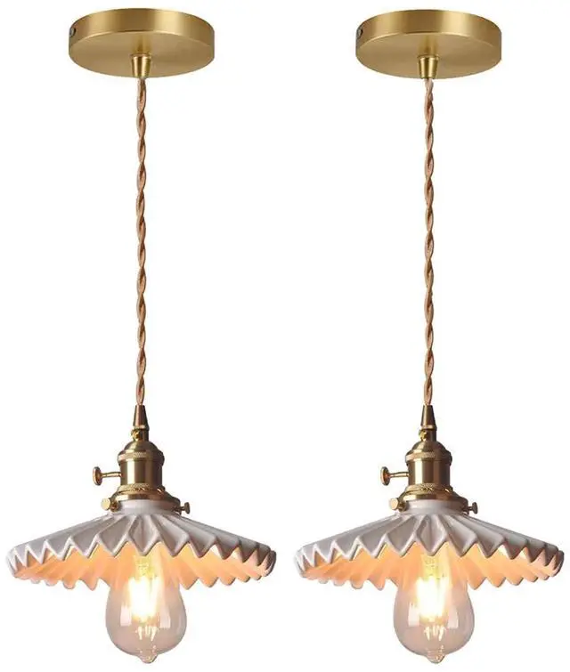 Main image of Ceramic Pendant Light White Ceramics Shade Nordic Vintage Hanging Pendant Light Brushed Gold Brass Finish Retro Ceiling Hanging Lights for Kitchen Island Farmhouse Dining Room Table