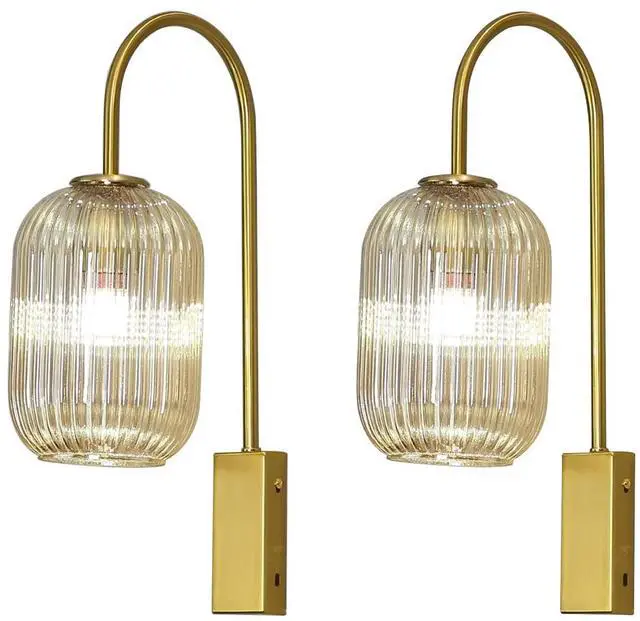 Main image of 2-Pack Amber Glass Wall Lights Vintage Modern Wall Sconce Gold Finis | Mid Century Vintage Bathroom Vanity Light with Ribbed Glass Shade Industrial Wall Lamp for Mirror Bedroom Living Room Hallway