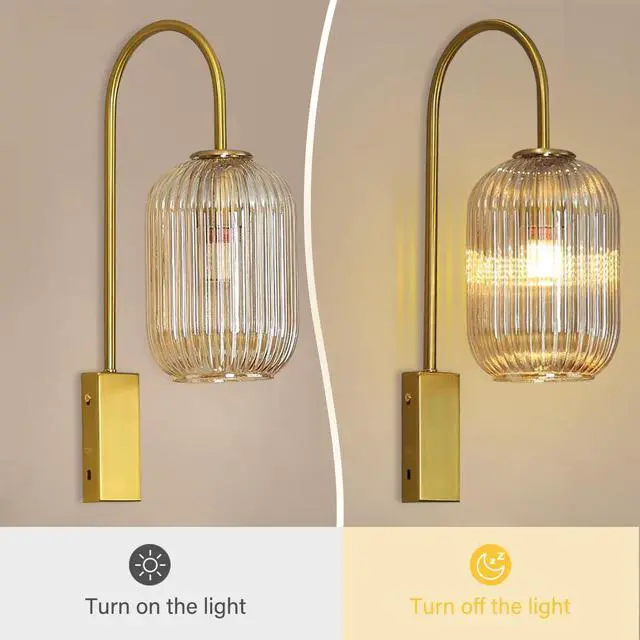 Alt view image 6 of 7 - 2-Pack Amber Glass Wall Lights Vintage Modern Wall Sconce Gold Finis | Mid Century Vintage Bathroom Vanity Light with Ribbed Glass Shade Industrial Wall Lamp for Mirror Bedroom Living Room Hallway