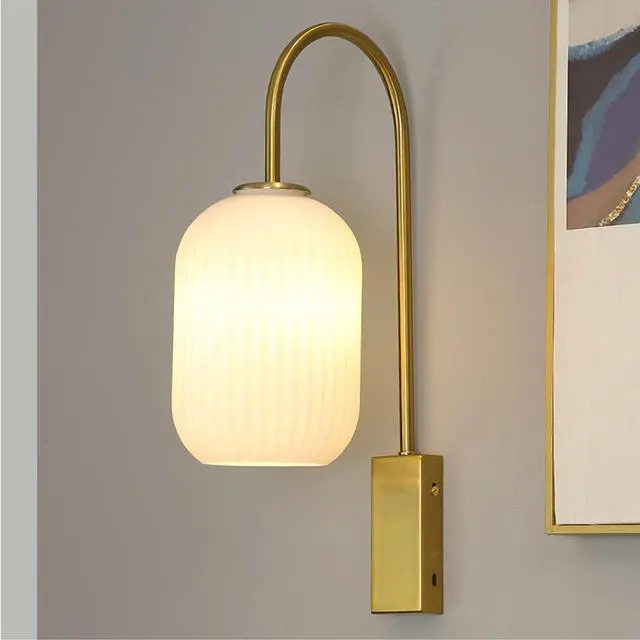 Main image of 1-Light Glass Wall Lights Mid Century Modern Wall Sconces Gold Vintage Bathroom Vanity Light with Ribbed Glass Shade Industrial Wall Lamp for Mirror Bedroom Living Room Hallway (White)