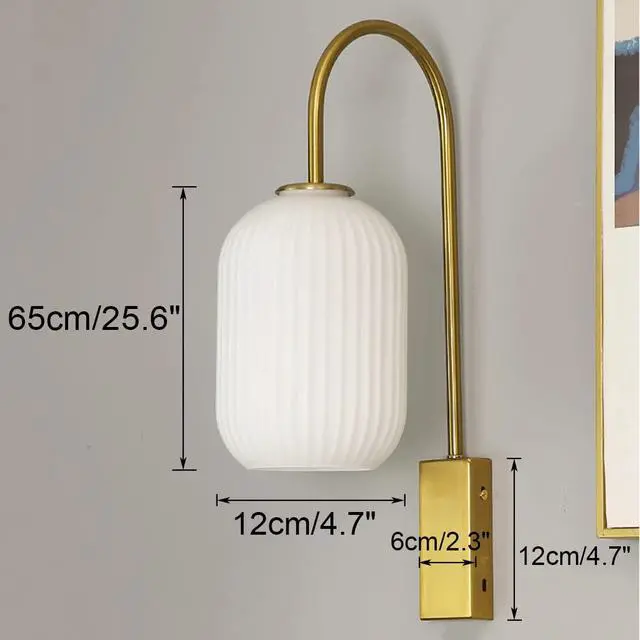 Alt view image 2 of 7 - 1-Light Glass Wall Lights Mid Century Modern Wall Sconces Gold Vintage Bathroom Vanity Light with Ribbed Glass Shade Industrial Wall Lamp for Mirror Bedroom Living Room Hallway (White)