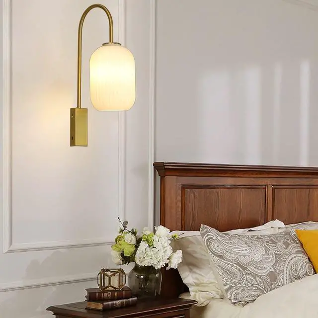Alt view image 3 of 7 - 1-Light Glass Wall Lights Mid Century Modern Wall Sconces Gold Vintage Bathroom Vanity Light with Ribbed Glass Shade Industrial Wall Lamp for Mirror Bedroom Living Room Hallway (White)