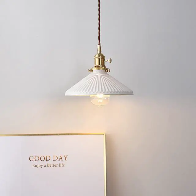 Alt view image 3 of 7 - Vintage Pendant Light fixtures Ceramics Ceiling Pendant Lights with White Scalloped Shade Brass Minimalist Style Barn Chandelier Pendant Lamp for Kitchen Sink Dining Room Bedroom