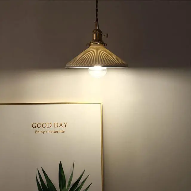 Alt view image 5 of 7 - Vintage Pendant Light fixtures Ceramics Ceiling Pendant Lights with White Scalloped Shade Brass Minimalist Style Barn Chandelier Pendant Lamp for Kitchen Sink Dining Room Bedroom