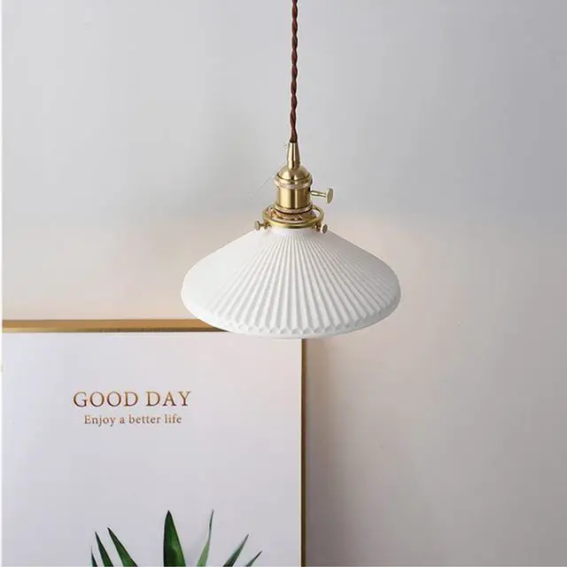 Alt view image 4 of 7 - Vintage Pendant Light fixtures Ceramics Ceiling Pendant Lights with White Scalloped Shade Brass Minimalist Style Barn Chandelier Pendant Lamp for Kitchen Sink Dining Room Bedroom