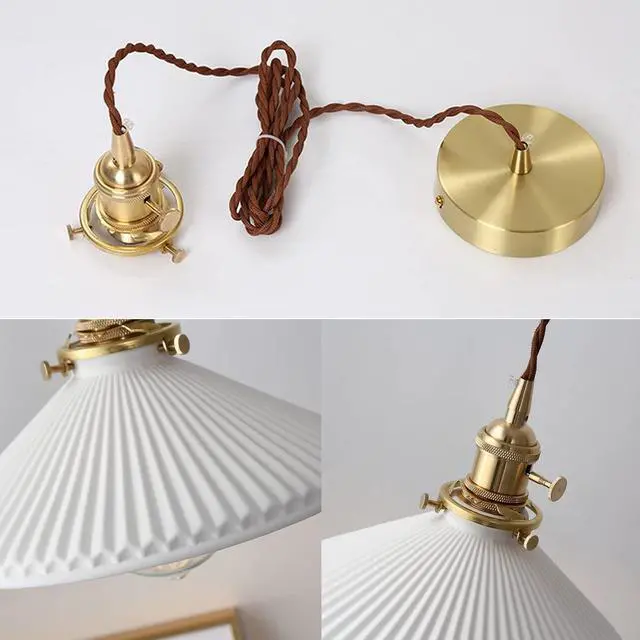 Alt view image 6 of 7 - Vintage Pendant Light fixtures Ceramics Ceiling Pendant Lights with White Scalloped Shade Brass Minimalist Style Barn Chandelier Pendant Lamp for Kitchen Sink Dining Room Bedroom