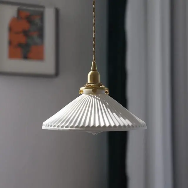 Alt view image 7 of 7 - Vintage Pendant Light fixtures Ceramics Ceiling Pendant Lights with White Scalloped Shade Brass Minimalist Style Barn Chandelier Pendant Lamp for Kitchen Sink Dining Room Bedroom
