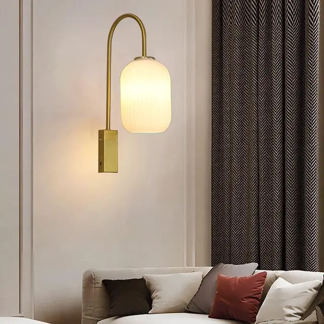 Alt view image 4 of 7 - 1-Light Glass Wall Lights Mid Century Modern Wall Sconces Gold Vintage Bathroom Vanity Light with Ribbed Glass Shade Industrial Wall Lamp for Mirror Bedroom Living Room Hallway (White)