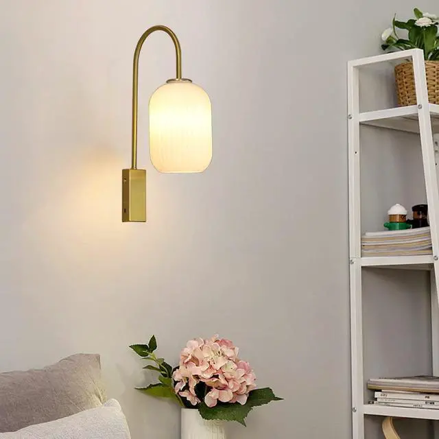 Alt view image 6 of 7 - 1-Light Glass Wall Lights Mid Century Modern Wall Sconces Gold Vintage Bathroom Vanity Light with Ribbed Glass Shade Industrial Wall Lamp for Mirror Bedroom Living Room Hallway (White)