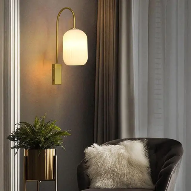 Alt view image 5 of 7 - 1-Light Glass Wall Lights Mid Century Modern Wall Sconces Gold Vintage Bathroom Vanity Light with Ribbed Glass Shade Industrial Wall Lamp for Mirror Bedroom Living Room Hallway (White)