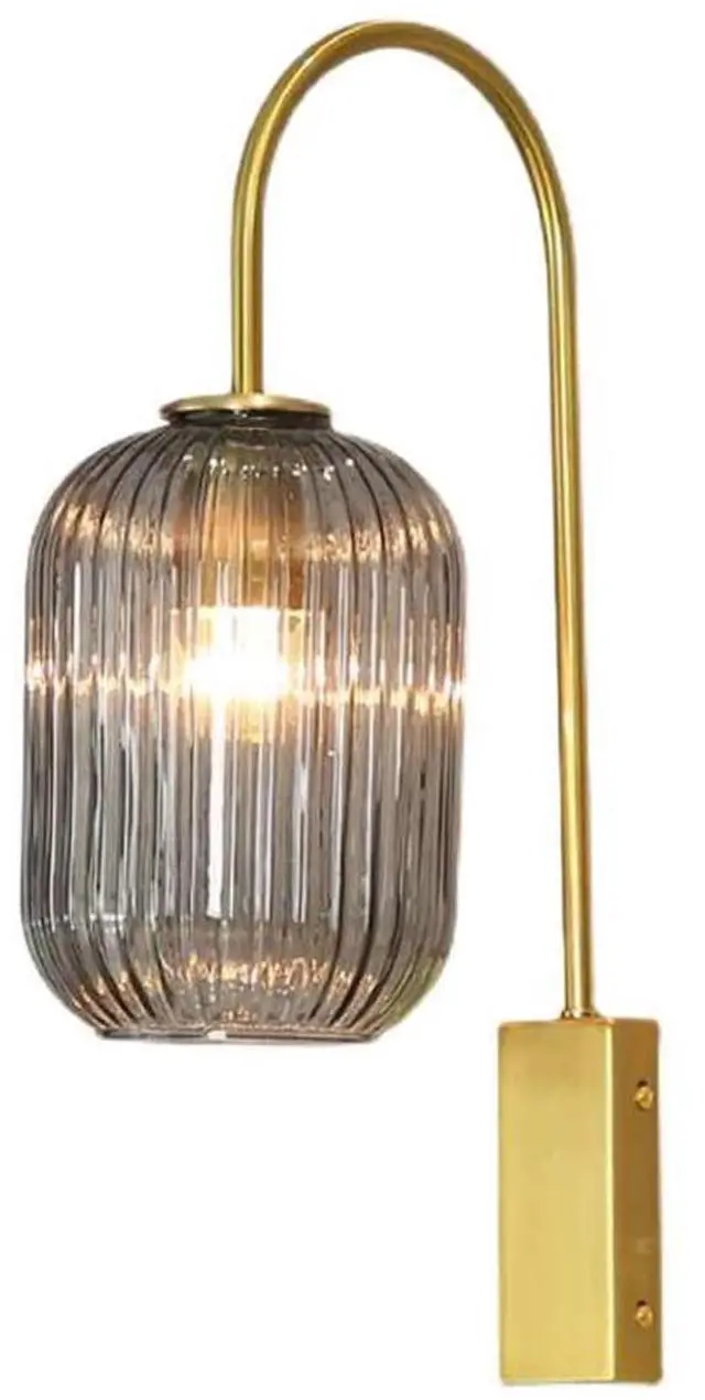 Main image of Smoke Gray Glass 1-Lamp Mid Century Modern Wall Sconce Light Fixture | Gold Vintage Wall Lights Bathroom Vanity Light with Ribbed Glass Shade Industrial Wall Lamp Mirror Bedroom LivingRoom Hallway