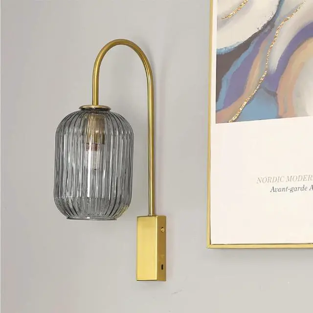 Alt view image 3 of 7 - Smoke Gray Glass 1-Lamp Mid Century Modern Wall Sconce Light Fixture | Gold Vintage Wall Lights Bathroom Vanity Light with Ribbed Glass Shade Industrial Wall Lamp Mirror Bedroom LivingRoom Hallway