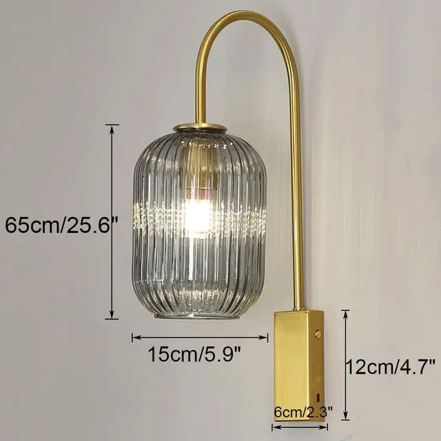 Alt view image 2 of 7 - Smoke Gray Glass 1-Lamp Mid Century Modern Wall Sconce Light Fixture | Gold Vintage Wall Lights Bathroom Vanity Light with Ribbed Glass Shade Industrial Wall Lamp Mirror Bedroom LivingRoom Hallway