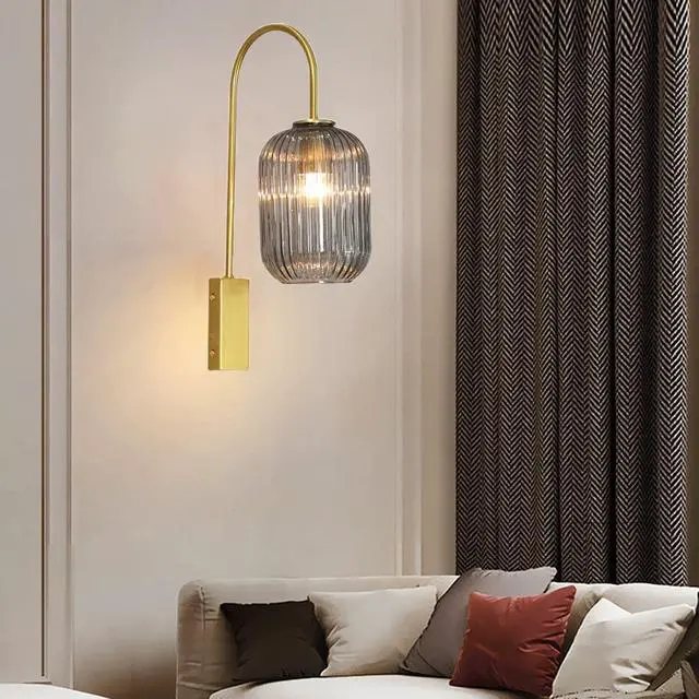 Alt view image 4 of 7 - Smoke Gray Glass 1-Lamp Mid Century Modern Wall Sconce Light Fixture | Gold Vintage Wall Lights Bathroom Vanity Light with Ribbed Glass Shade Industrial Wall Lamp Mirror Bedroom LivingRoom Hallway