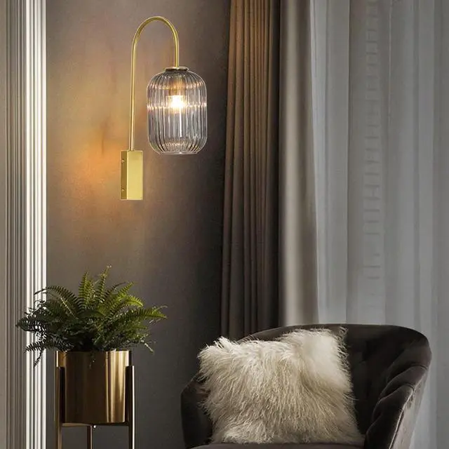 Alt view image 5 of 7 - Smoke Gray Glass 1-Lamp Mid Century Modern Wall Sconce Light Fixture | Gold Vintage Wall Lights Bathroom Vanity Light with Ribbed Glass Shade Industrial Wall Lamp Mirror Bedroom LivingRoom Hallway