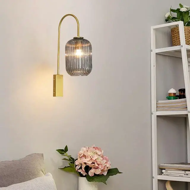 Alt view image 6 of 7 - Smoke Gray Glass 1-Lamp Mid Century Modern Wall Sconce Light Fixture | Gold Vintage Wall Lights Bathroom Vanity Light with Ribbed Glass Shade Industrial Wall Lamp Mirror Bedroom LivingRoom Hallway