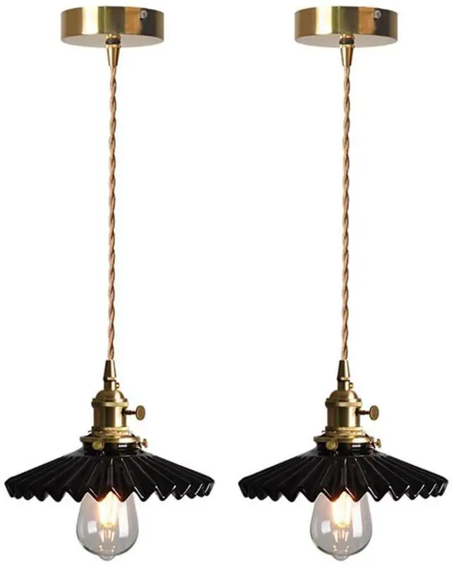 Main image of Ceramic Hanging Lamp Black Pendant Light Fixture Kitchen Island Scalloped Ceramics Shade Farmhouse Vintage Ceiling Hanging Lights Gold Brass Finish Adjustable Ceiling Pendant Light