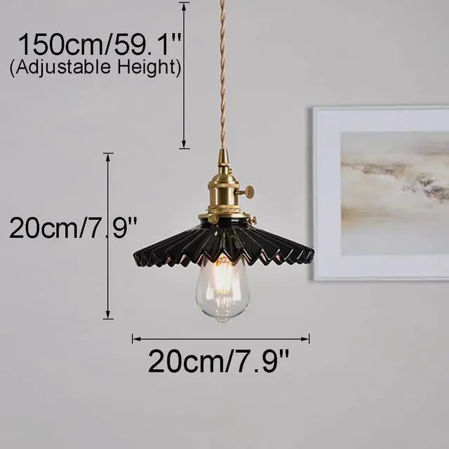 Alt view image 2 of 7 - Ceramic Hanging Lamp Black Pendant Light Fixture Kitchen Island Scalloped Ceramics Shade Farmhouse Vintage Ceiling Hanging Lights Gold Brass Finish Adjustable Ceiling Pendant Light