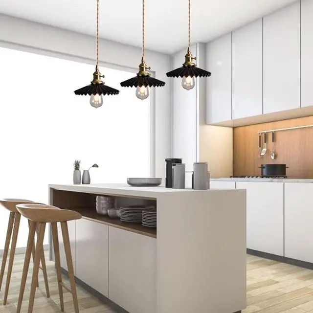 Alt view image 3 of 7 - Ceramic Hanging Lamp Black Pendant Light Fixture Kitchen Island Scalloped Ceramics Shade Farmhouse Vintage Ceiling Hanging Lights Gold Brass Finish Adjustable Ceiling Pendant Light