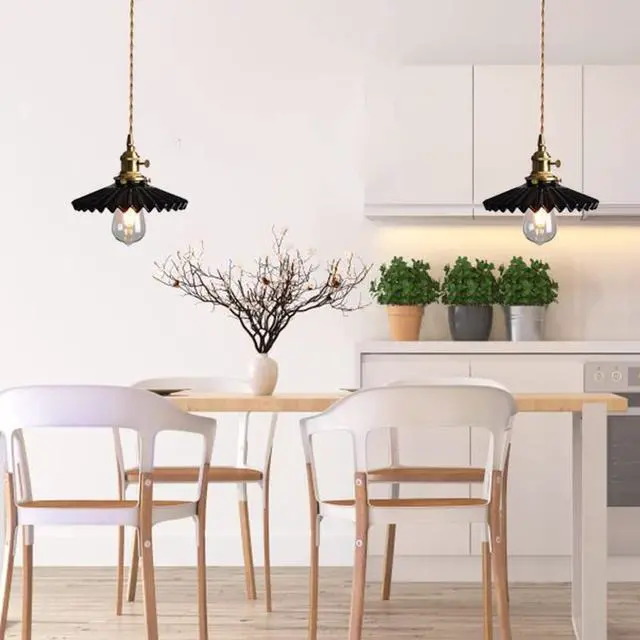 Alt view image 6 of 7 - Ceramic Hanging Lamp Black Pendant Light Fixture Kitchen Island Scalloped Ceramics Shade Farmhouse Vintage Ceiling Hanging Lights Gold Brass Finish Adjustable Ceiling Pendant Light