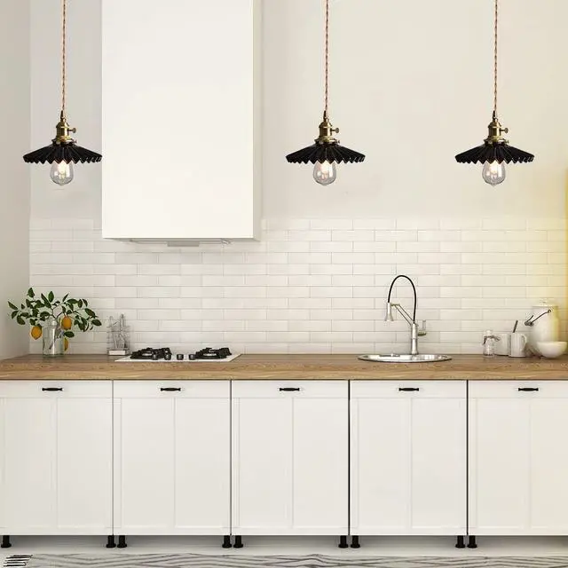 Alt view image 5 of 7 - Ceramic Hanging Lamp Black Pendant Light Fixture Kitchen Island Scalloped Ceramics Shade Farmhouse Vintage Ceiling Hanging Lights Gold Brass Finish Adjustable Ceiling Pendant Light