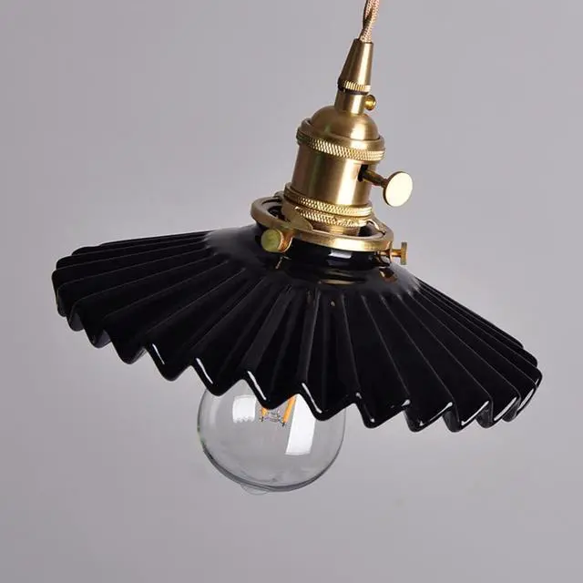 Alt view image 7 of 7 - Ceramic Hanging Lamp Black Pendant Light Fixture Kitchen Island Scalloped Ceramics Shade Farmhouse Vintage Ceiling Hanging Lights Gold Brass Finish Adjustable Ceiling Pendant Light