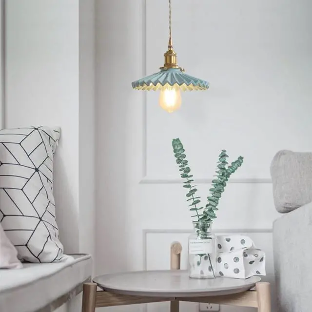 Alt view image 3 of 7 - Modern Minimalist Pendant Lamp Ceramic Pendant Light Blue Glass Lampshade Brass Finish Nordic Vintage Style Ceramics Hanging Light for Kitchen Sink Living Dining Room Bedside Bedroom