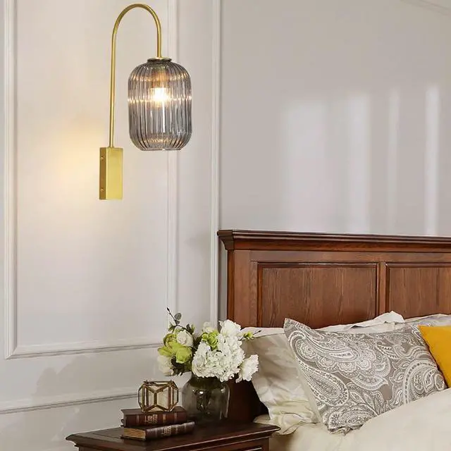 Alt view image 7 of 7 - Smoke Gray Glass 1-Lamp Mid Century Modern Wall Sconce Light Fixture | Gold Vintage Wall Lights Bathroom Vanity Light with Ribbed Glass Shade Industrial Wall Lamp Mirror Bedroom LivingRoom Hallway