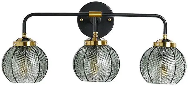Main image of Bathroom Vanity Light 3-Light Glass Wall Lights Green Ribbed Glass Shade Mid Century Modern Globe Wall Sconces Black Gold Vintage Wall Lamp for Mirror Bedroom Hallway
