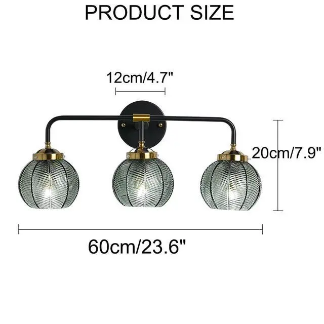 Alt view image 2 of 7 - Bathroom Vanity Light 3-Light Glass Wall Lights Green Ribbed Glass Shade Mid Century Modern Globe Wall Sconces Black Gold Vintage Wall Lamp for Mirror Bedroom Hallway